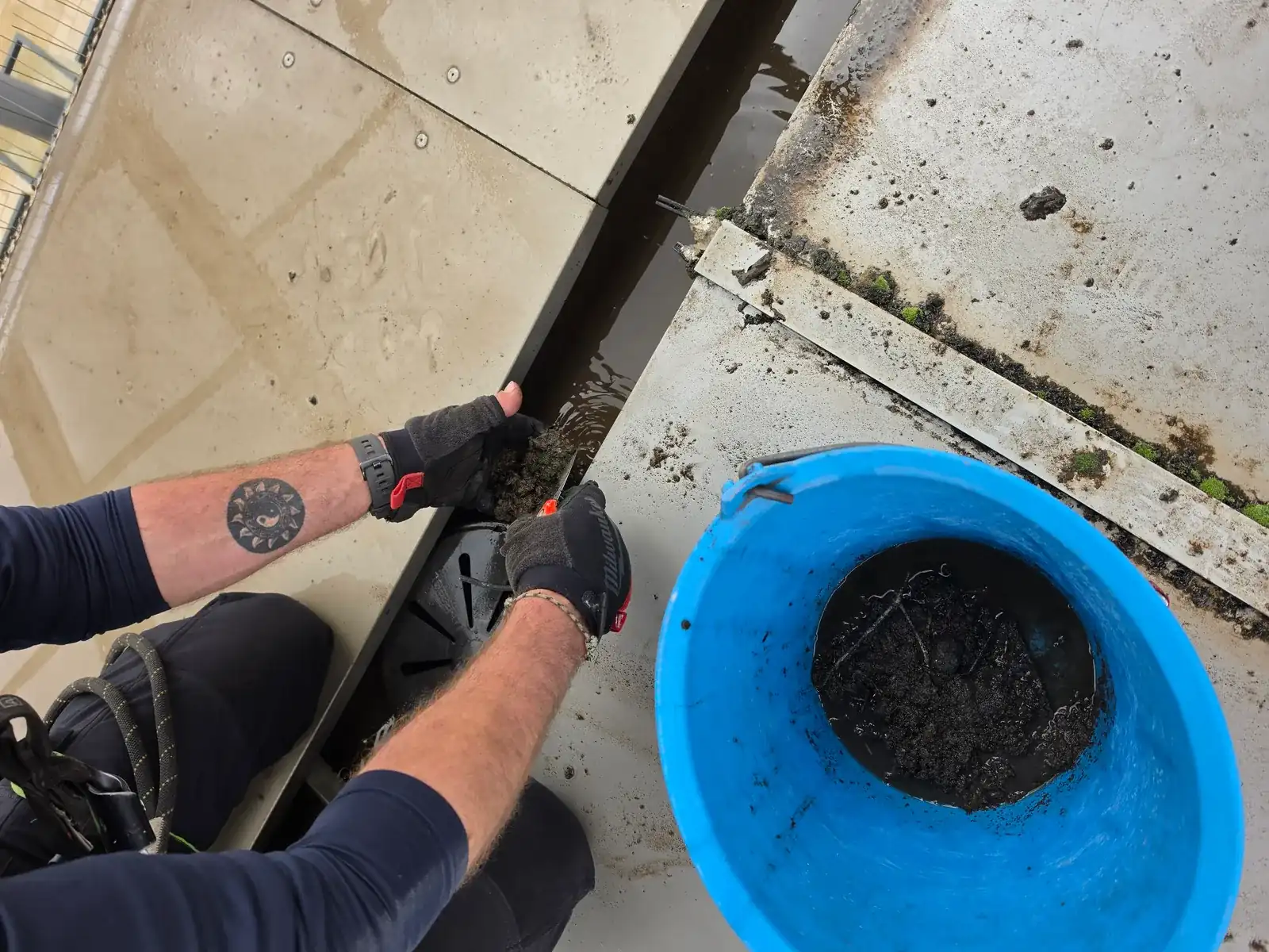 Curage des gouttieres du Polygone Beziers par technicien 2KM avec evacuation de debris vegetaux